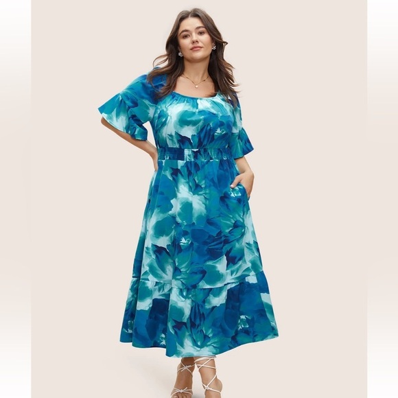 BloomChic Plus Size 3XL Square Neck Floral Shirred Ruffle Sleeve Dress - Picture 3 of 8